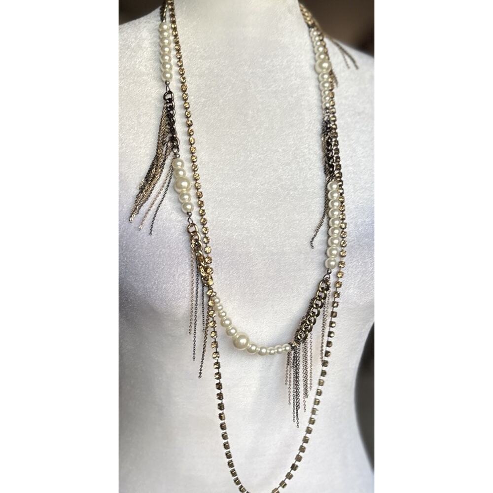 Bebe Layered Fringe Chain Necklace Gold Tone Pearl Rhinestone Long Boho Glam 36"
